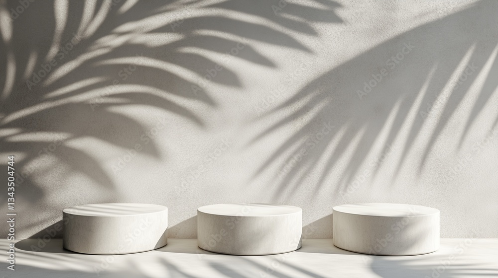 Abstract white background with the shadows of palm leaves on the wall and three podiums for product presentation. Abstract white background with the shadows of palm leaves on the wall and three podiums for product presentation.