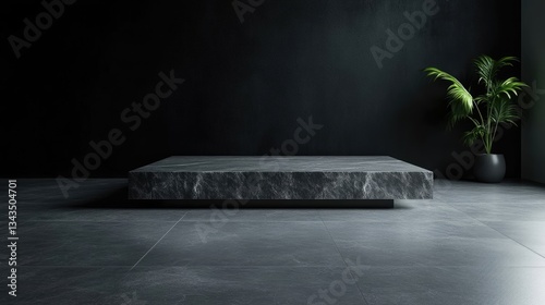 Obraz na płótnie Dark, modern, minimalist, stone platform. Empty stage for product display in a dark room w salonie