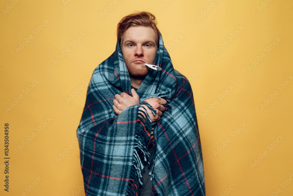Guy Wrapped in Plaid with Thermometer in Mouth Guy Wrapped in Plaid with Thermometer in Mouth