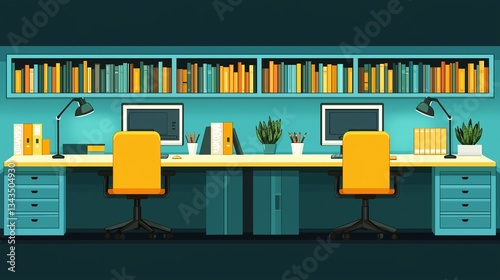 Modern office with blue desks and computers in a clean workspace