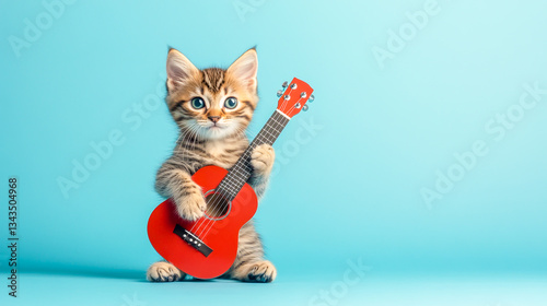 A guitarist cat, captured in animal photography, isolated on a light blue background, showcasing a playful and creative musical theme with a whimsical touch