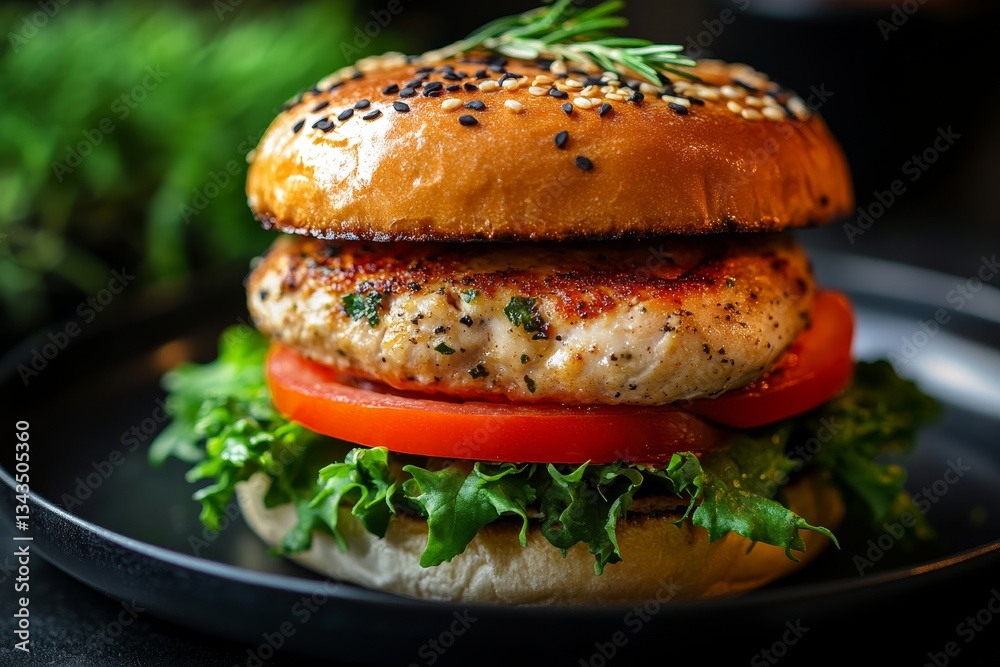 Delicious grilled chicken burger with fresh vegetables on a plate against a black background Delicious grilled chicken burger with fresh vegetables on a plate against a black background
