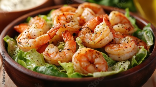 A symphony of flavors unfolds in this classic Caesar salad, where succulent shrimp dance with crisp romaine lettuce and a tangy Caesar dressing, creating a culinary masterpiece. photo