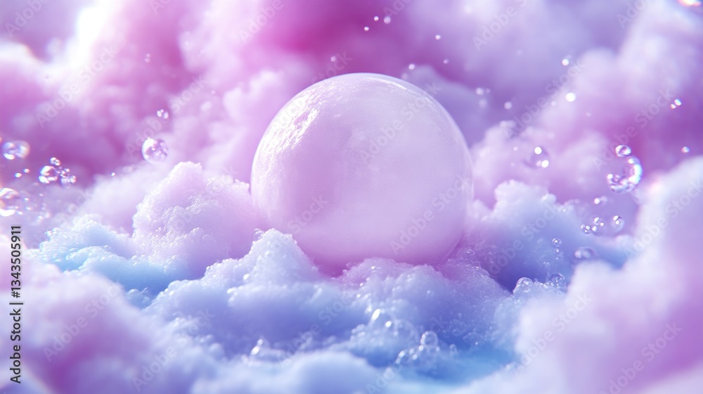 Delicate, pastel sphere resting on soft clouds of color, with shimmering bubbles