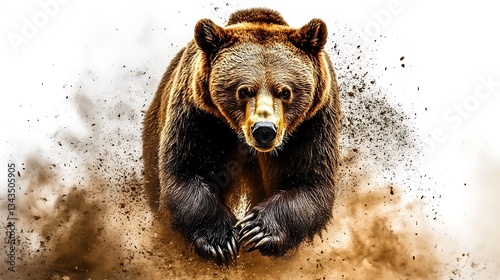 A large brown bear charging forward with dirt kicking up behind it