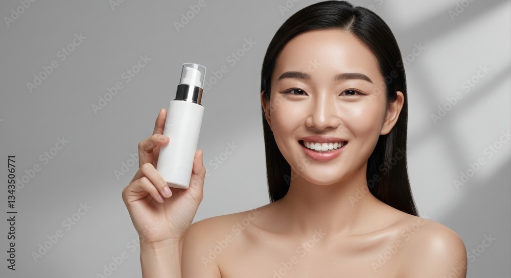 Smiling woman displays a blank white serum bottle. Smiling woman displays a blank white serum bottle.