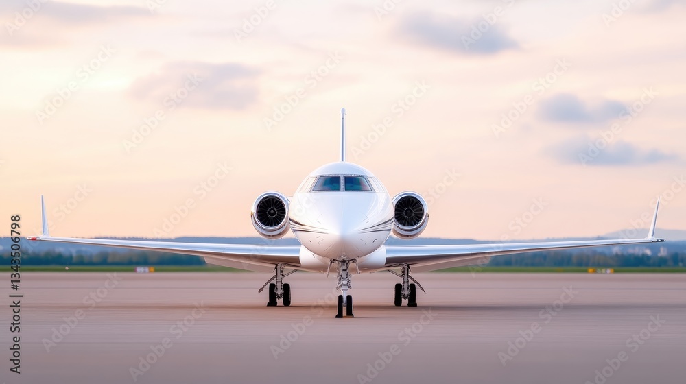 Naklejka premium Private jet on tarmac at sunrise