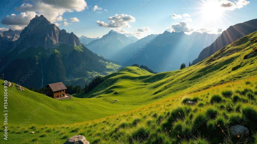 Fototapeta premium Aerial view of Appenzell, Switzerland, on a sunny midday. The lush alpine landscape stretches under a bright blue sky, revealing picturesque hills and meadows.