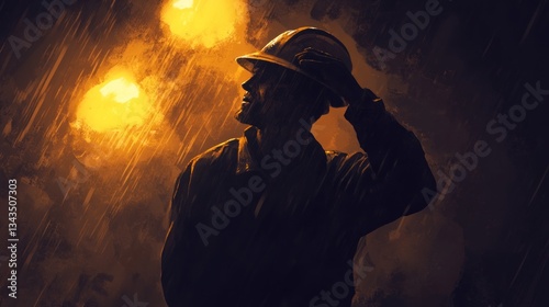 Miner taking a breather in a warm illuminated underground environment