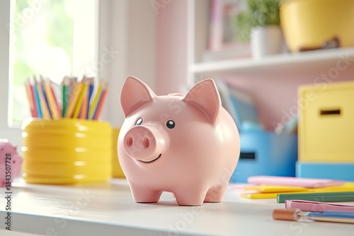 Cheerful pink piggy bank on a desk surrounded by colorful school supplies and a pastel wall