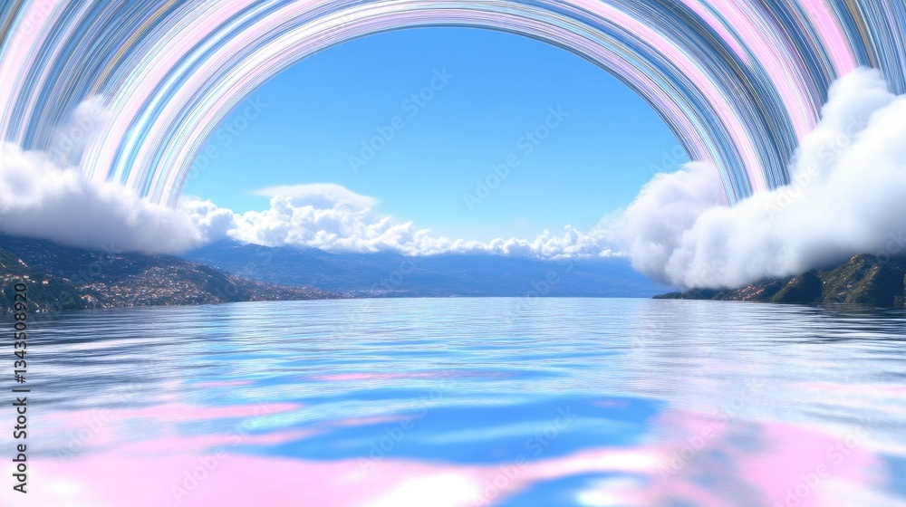 Pastel rainbow arch over serene water