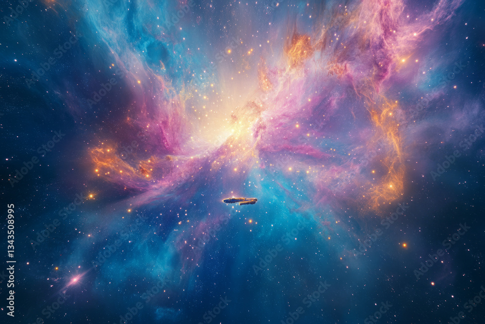 Obraz premium A cosmic 3D background of an expansive intergalactic nebula swirling with vibrant shades of blue, pink, and gold. Distant stars twinkle against the backdrop of cosmic dust, and a solitary spaceship