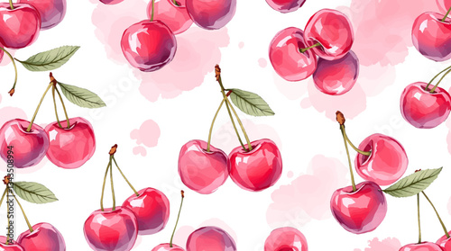Watercolor red cherries on white background seamless vector pattern	