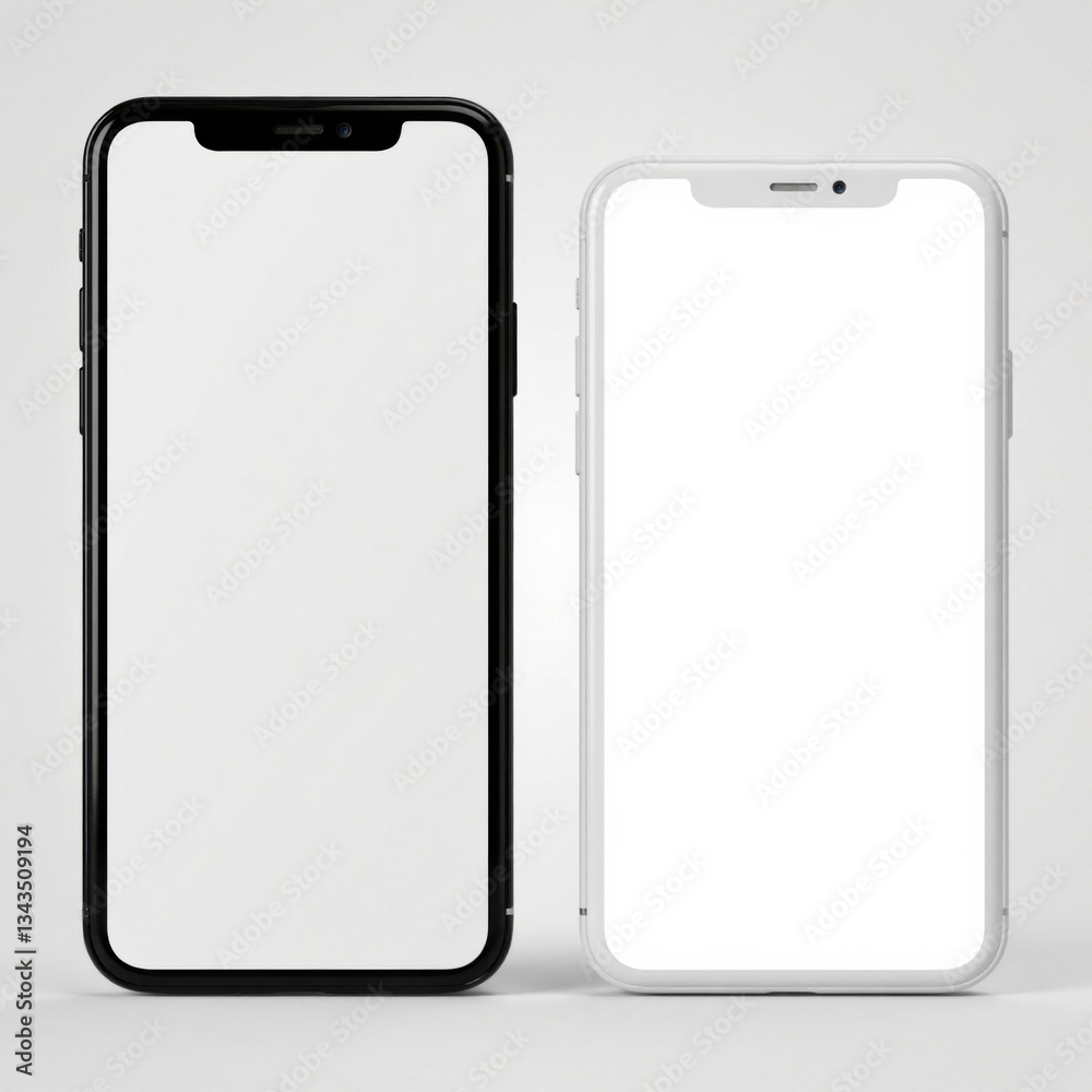 Sleek mobile phone duo in black and white with blank screens isolated on a bright white background, mobile phone, gadget Sleek mobile phone duo in black and white with blank screens isolated on a bright white background, mobile phone, gadget