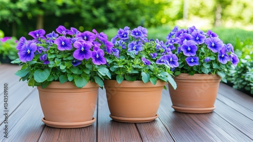 Wallpaper Mural Potted Pansies: An array of vibrant potted pansies in shades of purple and blue bloom beautifully, adorning a wooden deck. Torontodigital.ca