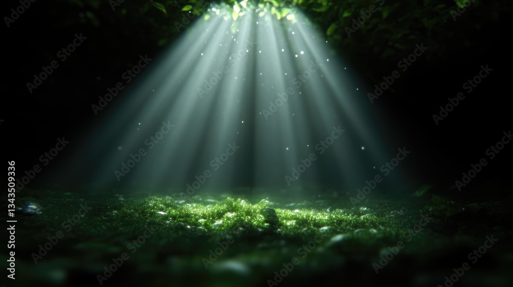 Sunlight beams through foliage, illuminating a mossy floor