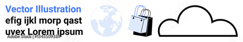 Shopping bags beside globe and cloud denote digital marketplaces. Ideal for e-commerce, global trade, cloud storage, technology, retail trends, business growth, flat landing page banner