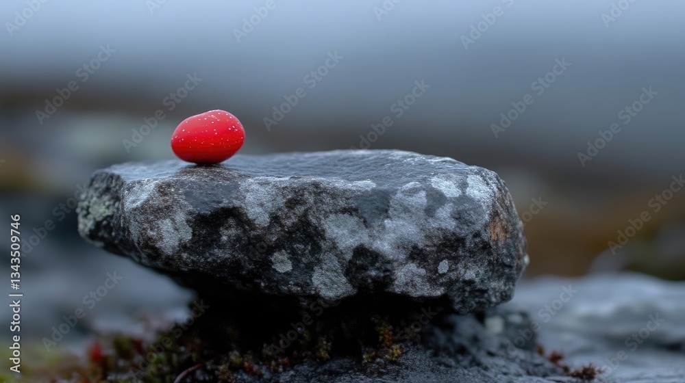Single red berry atop a weathered stone