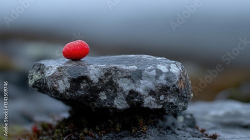 Obraz na płótnie Single red berry atop a weathered stone w salonie