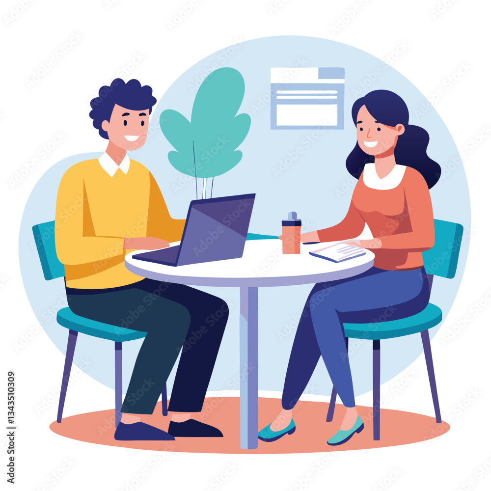 Partners meeting for business discussion with documents and laptop on desk. Couple at round table, speaking, discussing work, partnership. Flat vector illustration isolated on white background