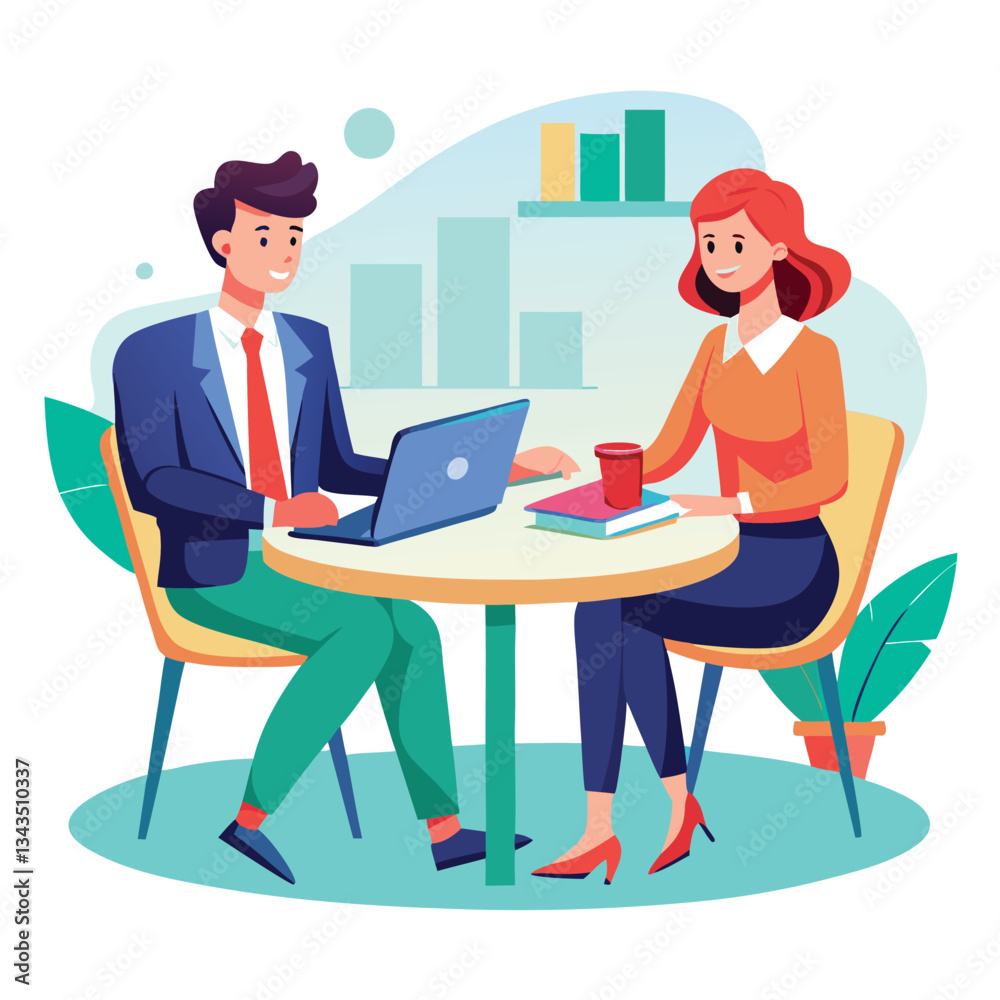 Partners meeting for business discussion with documents and laptop on desk. Couple at round table, speaking, discussing work, partnership. Flat vector illustration isolated on white background Partners meeting for business discussion with documents and laptop on desk. Couple at round table, speaking, discussing work, partnership. Flat vector illustration isolated on white background