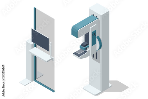 A medical examination room with a mammography machine and computers for digital analysis. A well-equipped diagnostic space for breast health screening. Isometric vector illustration.