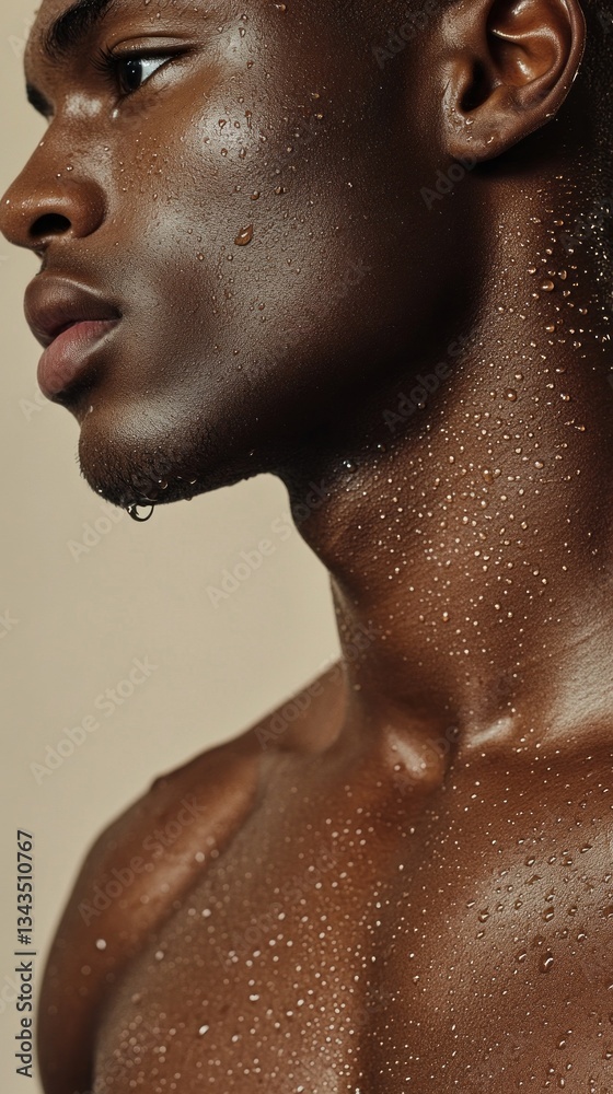 Naklejka premium A young man stands elegantly, his skin glistening with droplets of water, accentuating his strong jawline. Soft lighting creates a warm, inviting atmosphere, highlighting his features beautifully