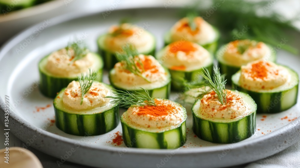 Close-up of Cucumber Bites Topped with Hummus and Dill on a Rustic Plate Close-up of Cucumber Bites Topped with Hummus and Dill on a Rustic Plate