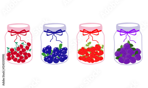 El juego de frutos de bosque en frascos de cristal