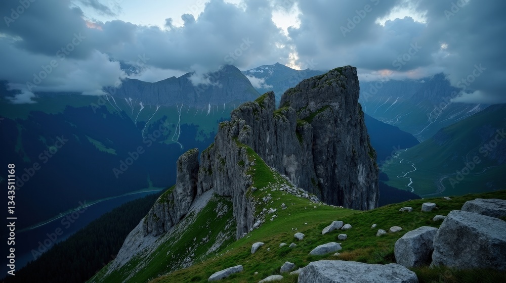 Obraz premium Creux du Van in Switzerland on a cloudy night, viewed from above. Faint light outlines the rocky edges, while thick clouds cast a soft glow over the mysterious landscape.