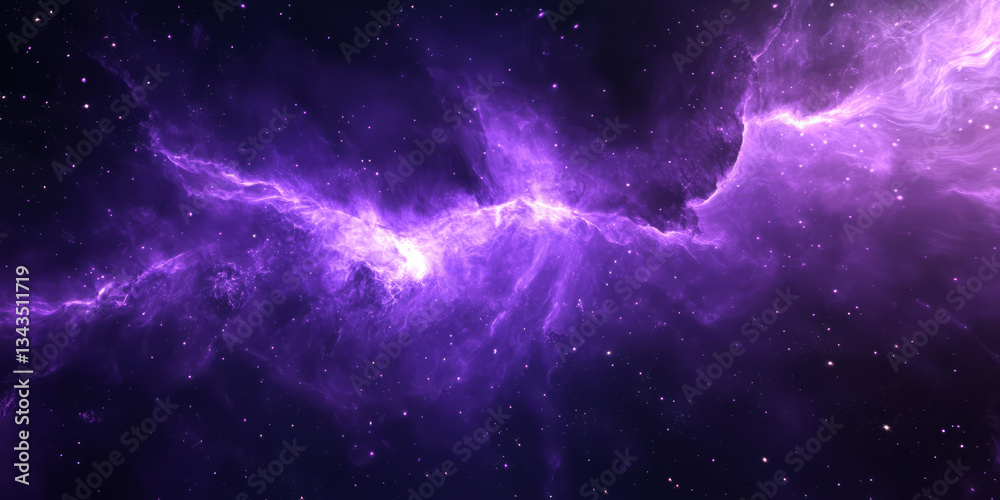 Fototapeta premium A cosmic 3D background depicting a vibrant purple nebula with swirling energy waves and scattered stardust. The deep space environment conveys mystery, wonder, and the vastness of the universe.