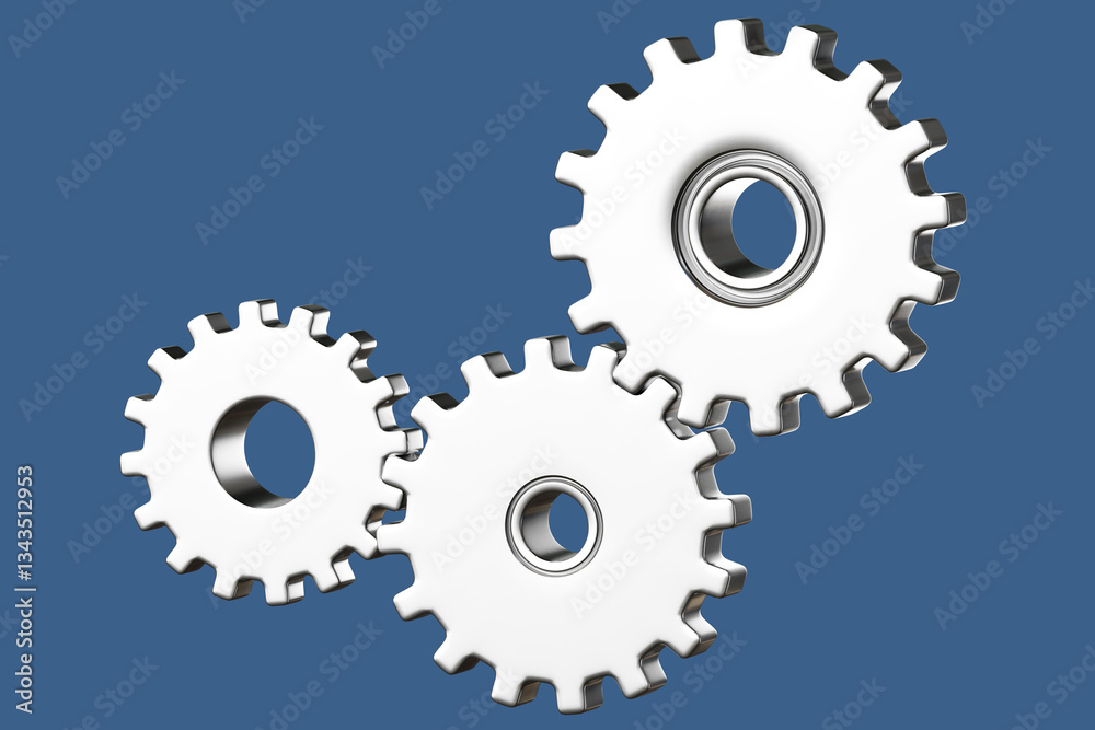 Three interlocking white metallic gears with a polished finish, symbolizing mechanical engineering, teamwork, and industrial processes, set against a solid blue background 3d image Three interlocking white metallic gears with a polished finish, symbolizing mechanical engineering, teamwork, and industrial processes, set against a solid blue background 3d image