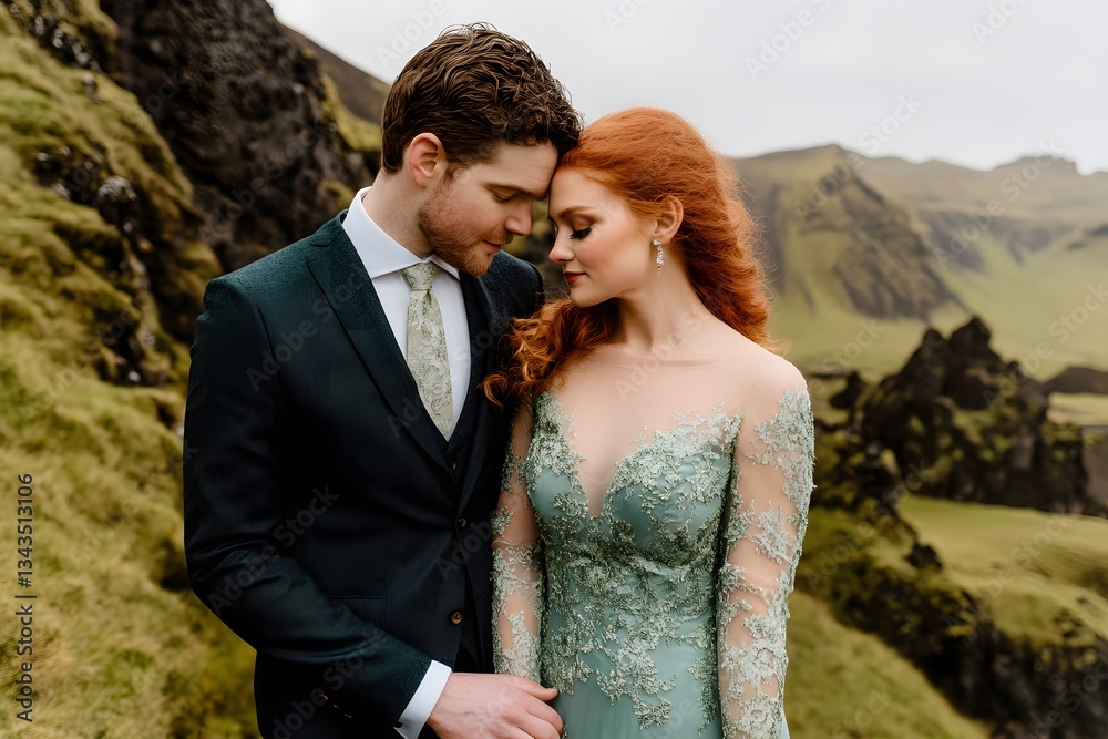 Obraz premium Romantic Couple in Iceland Forehead Touch Green Dress Mountain Landscape