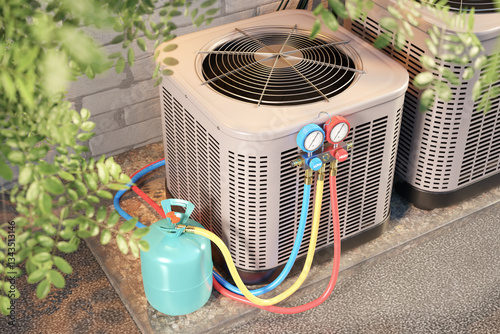 Obraz na plátně An outdoor air conditioning unit undergoing maintenance, with a refrigerant tank