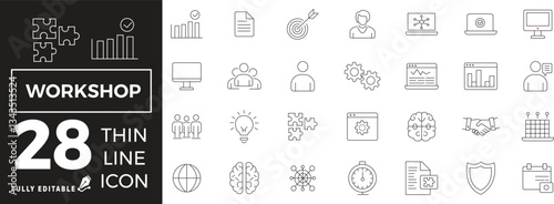 Workshop Icon set of web and mobile in thin line style.  Business Workshop  Icons & Symbols Containing team building, teamwork, coaching, meeting, managing and more