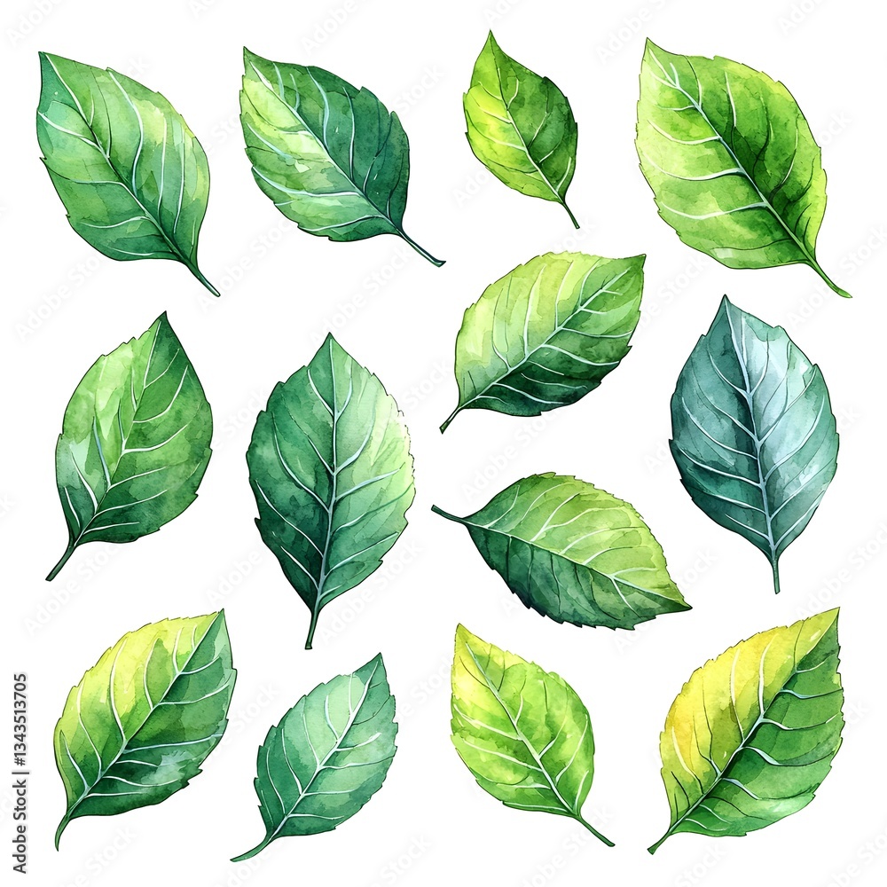 Fototapeta premium Vibrant Watercolor Leaves in Shades of Green