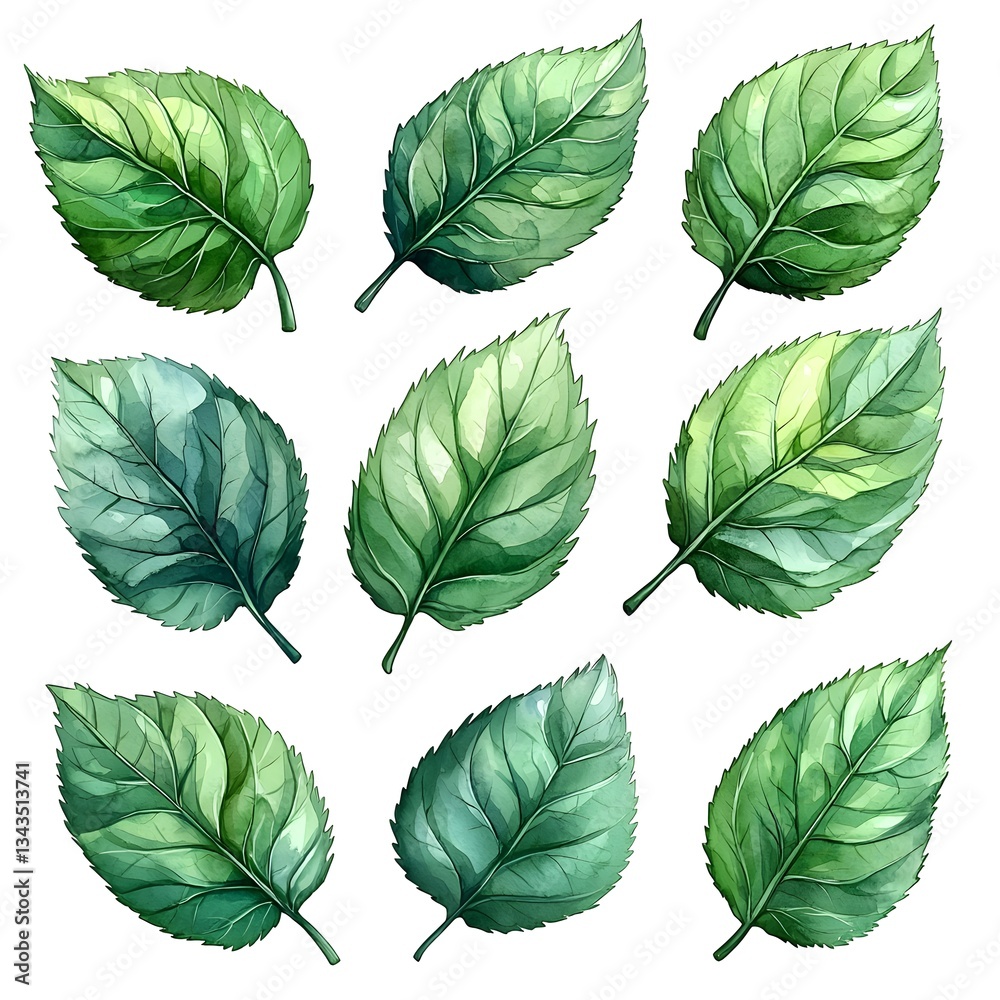 Obraz premium Watercolor rose leaves against a white background