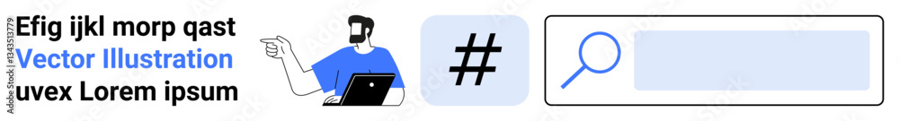 Fototapeta premium Man with laptop exploring search bar and metadata tag for online tools, digital search, social media, SEO, technology, marketing, web design. Ideal for modern interface concepts, flat landing page