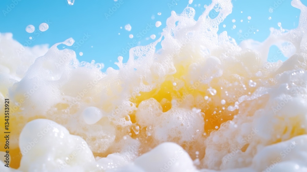 Frothy, bubbly drink splashes against a light blue background