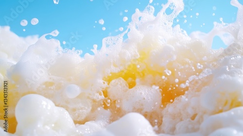 Obraz na płótnie Frothy, bubbly drink splashes against a light blue background w salonie