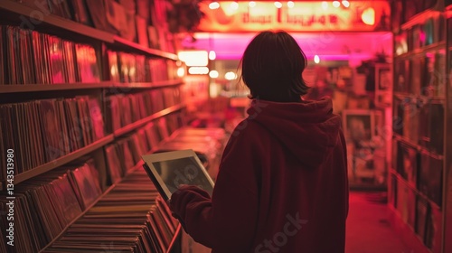 Enthusiastic music lover browsing vinyl records at a vintage red-lit store