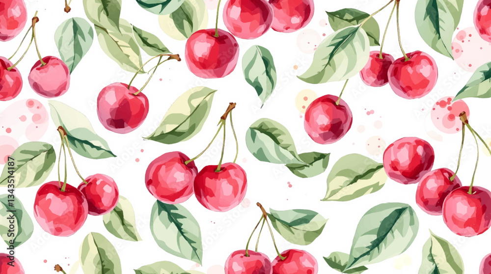 Watercolor red cherries on white background seamless vector pattern	