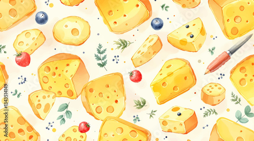 Fotografía Patrón acuarelado con variedades de queso y pequeños frutos decorativos