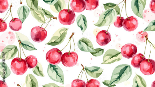 Watercolor red cherries on white background seamless vector pattern	