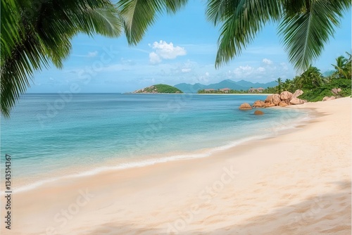 Tropical beach scene with palm trees and ocean.