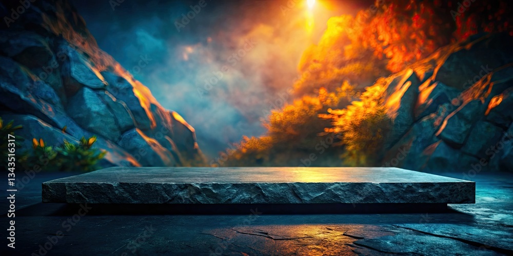 Fototapeta premium A mysterious, dark stone platform, dramatically lit, showcases a product within a textured fantasy game asset scene.