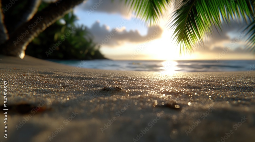 Tropical beach sunset scene. Close-up of sandy shore