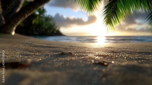 Obraz na płótnie Tropical beach sunset scene. Close-up of sandy shore w salonie