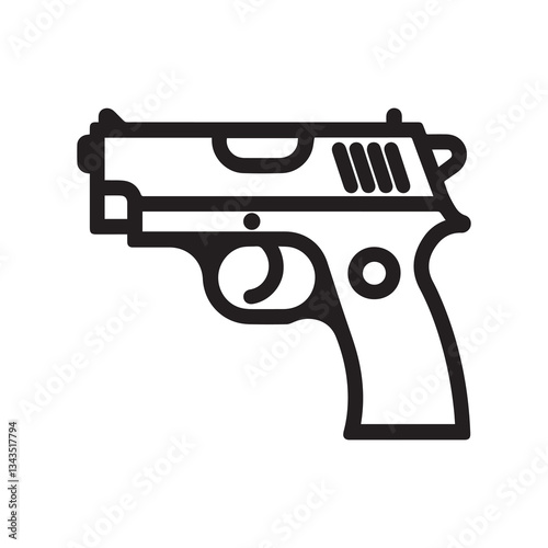 Handgun, outline black icon white background design.