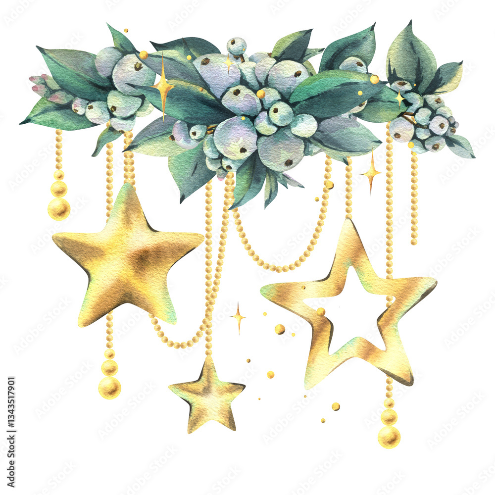 Obraz premium Golden New Year stars and beads hanging on beads with snowberry and sparkling stars. New Year, Christmas watercolor illustration hand drawn. Composition, sublimation, arrangement isolated